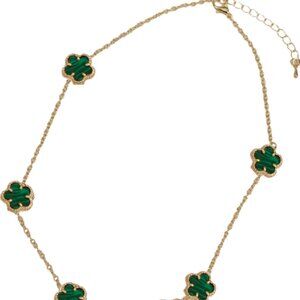 14K Gold Plate Necklace with Malachite Clover